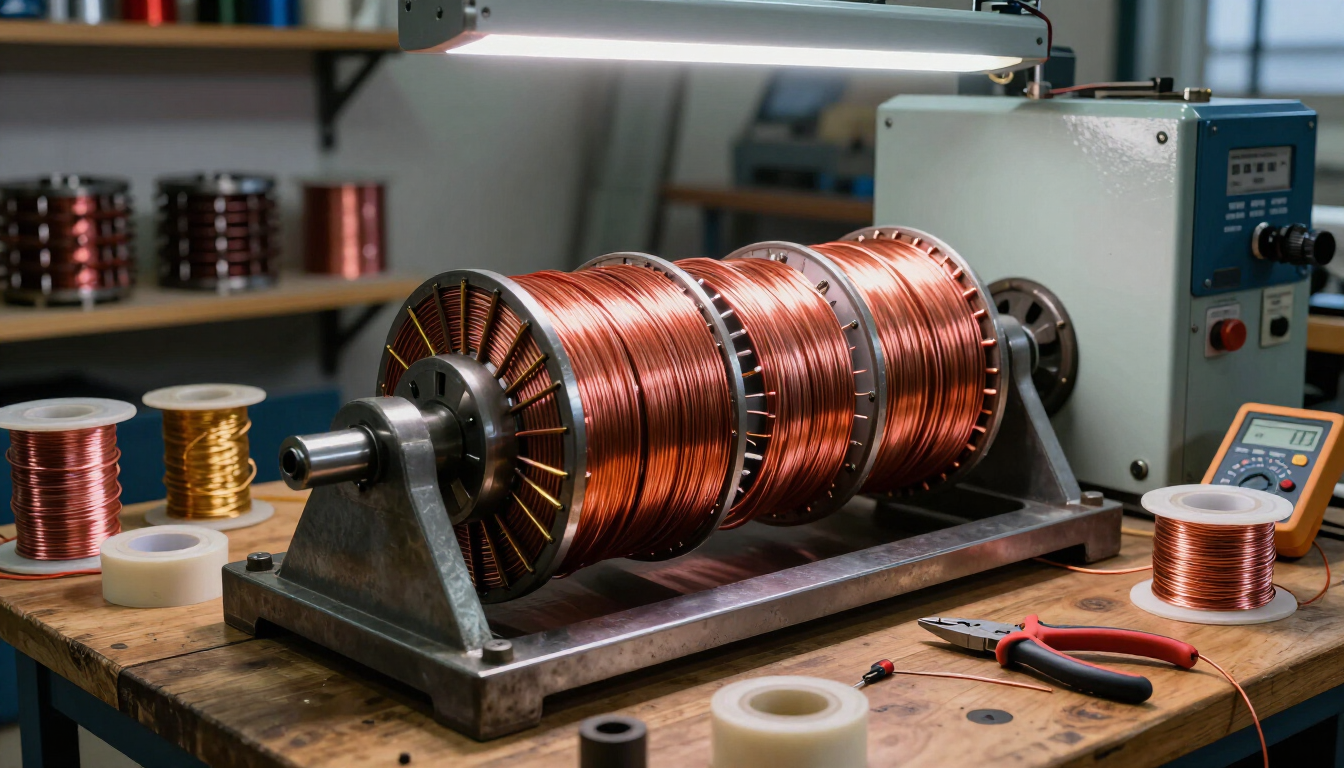 Máquina bobinadora de alambre de cobre en un taller, con carretes de alambre sobre un banco de trabajo y estantes al fondo.