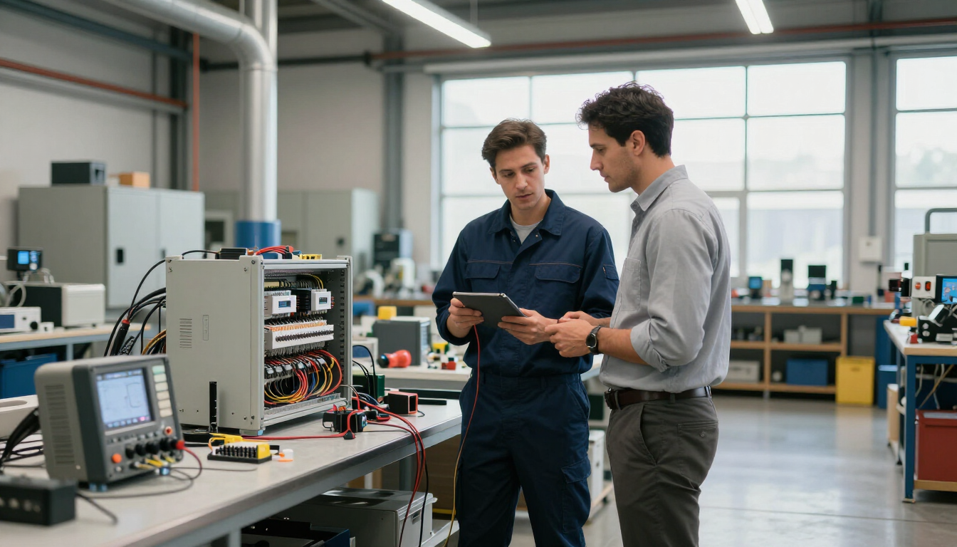 Dos ingenieros conversan sobre una tableta en un laboratorio con equipos electrónicos y mesas de trabajo.