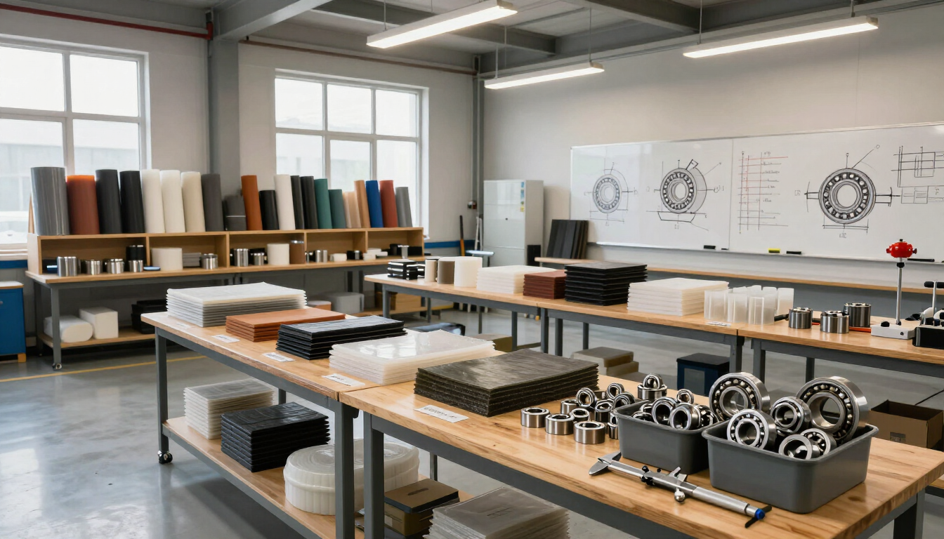 Taller industrial con engranajes metálicos, piezas sobre mesas de madera y dibujos técnicos en la pared.
