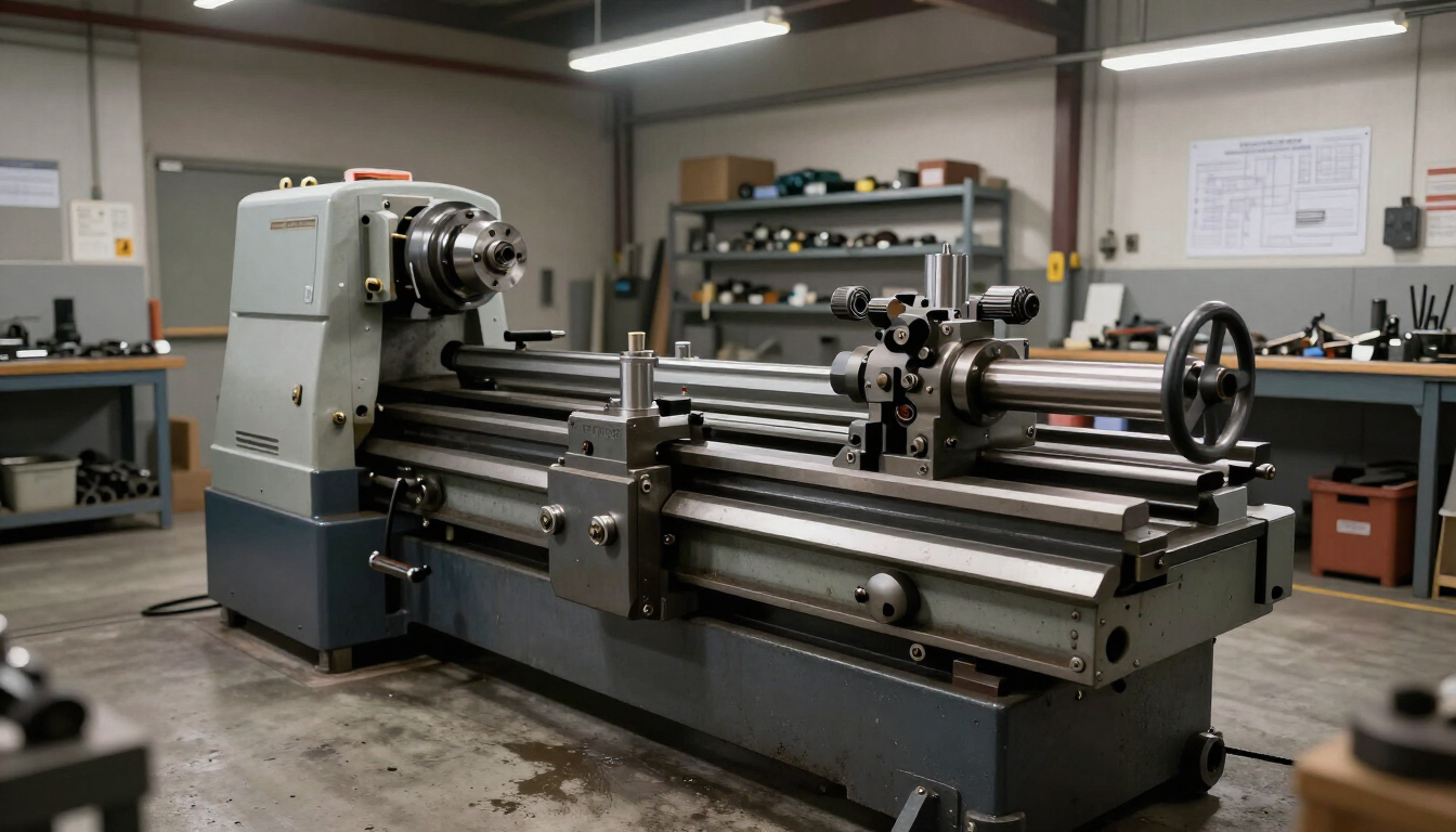 Gran torno de metal en un taller industrial con herramientas y equipos al fondo.