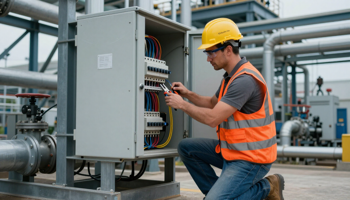 Técnico con casco y chaleco de seguridad inspeccionando un panel de control eléctrico en una planta industrial.