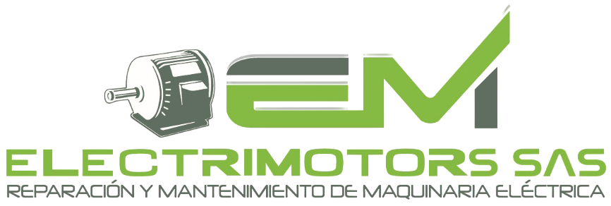 Logotipo de EM Electromotors SAS en verde y gris, con un icono de motor estilizado y el lema “Reparar, mantener y…”.