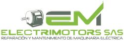 Logotipo de EM Electromotors SAS en verde y gris, con un icono de motor estilizado y el lema “Reparar, mantener y…”.