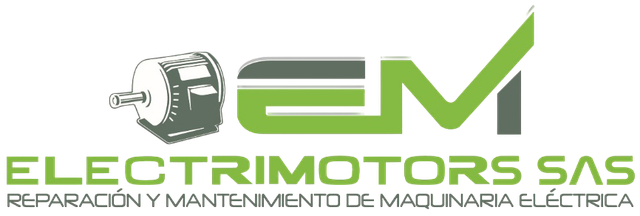 Logotipo de EM Electromotors SAS en verde y gris, con un icono de motor estilizado y el lema “Reparar, mantener y…”.