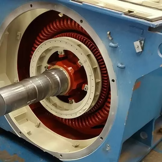 Primer plano de un motor eléctrico industrial con eje metálico y bobinados de cobre expuestos en una carcasa azul.