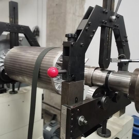 Un rotor metálico montado en un dispositivo de equilibrado con abrazaderas y brazos de medición en un taller.