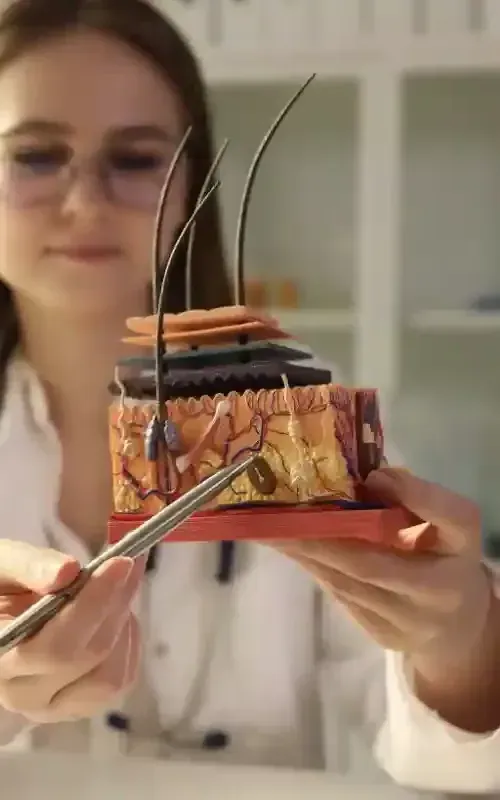 Doctor Trichologist Showing Artificial Model of Human Skin with Hair in Clinic Closeup