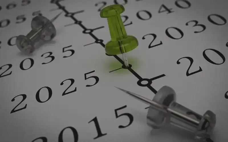 A green pin is pointing to the year 2025