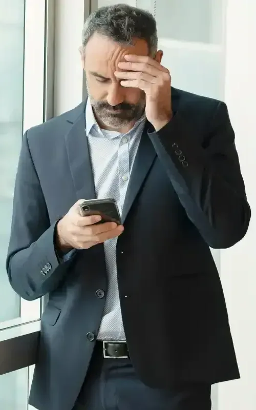 un hombre con traje sostiene su cabeza preocupado mientras mira su teléfono