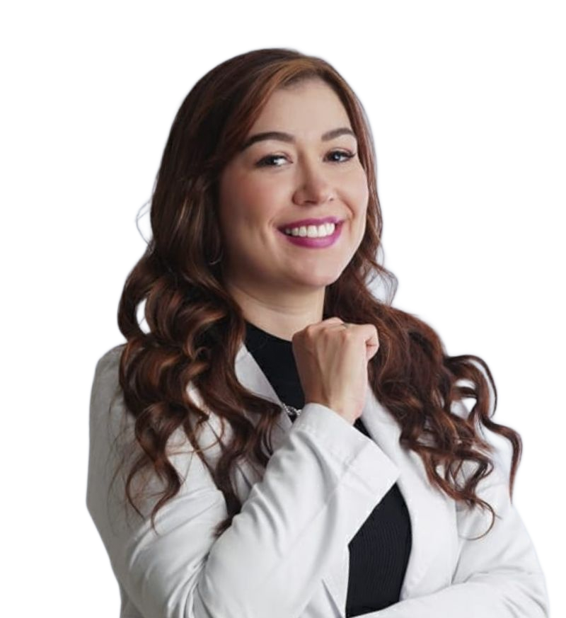 Smiling doctor in a white lab coat with arms crossed, standing against a white background