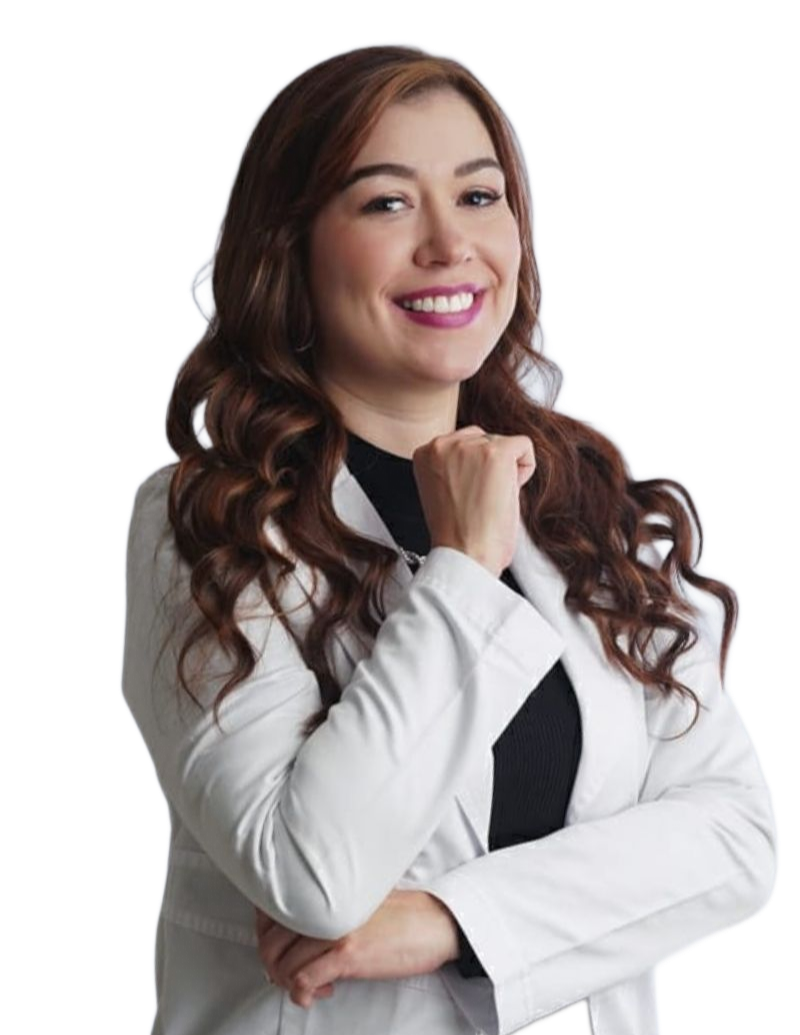 Smiling doctor in a white lab coat with arms crossed, standing against a white background