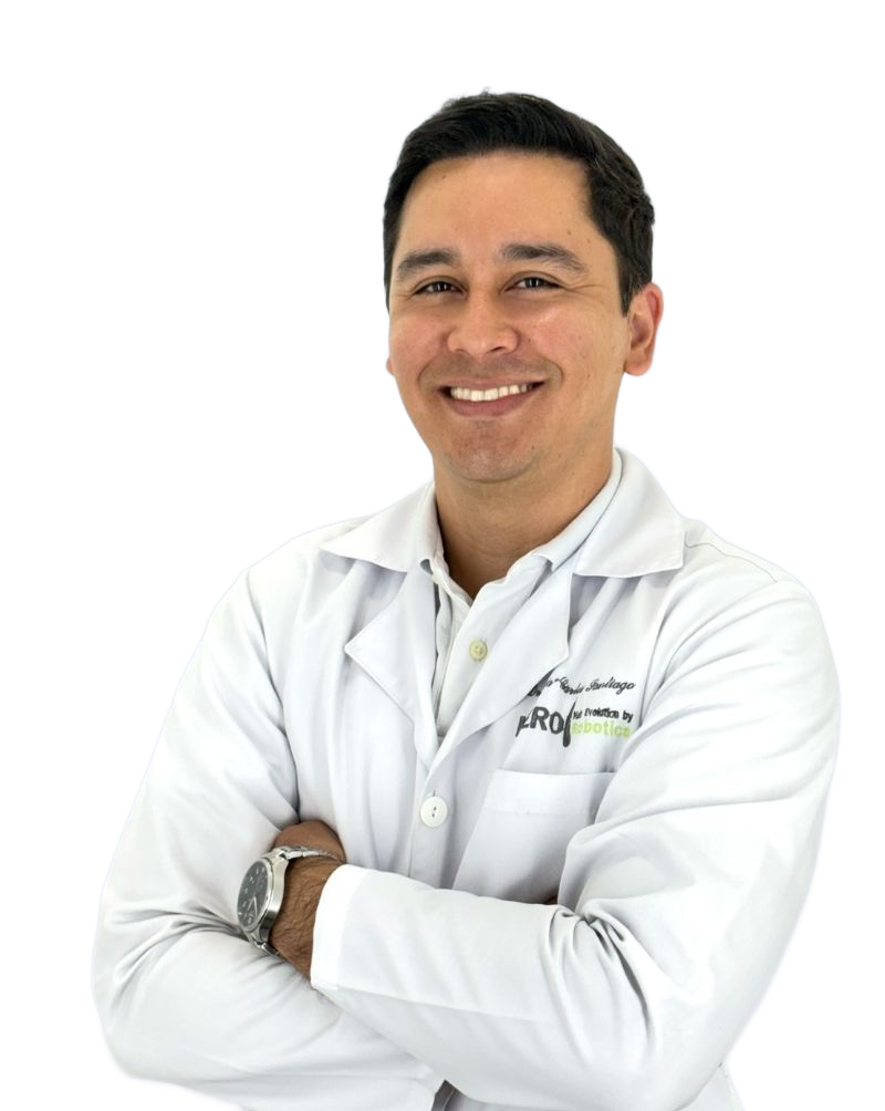 Healthcare professional in white lab coat standing with arms crossed against a white background
