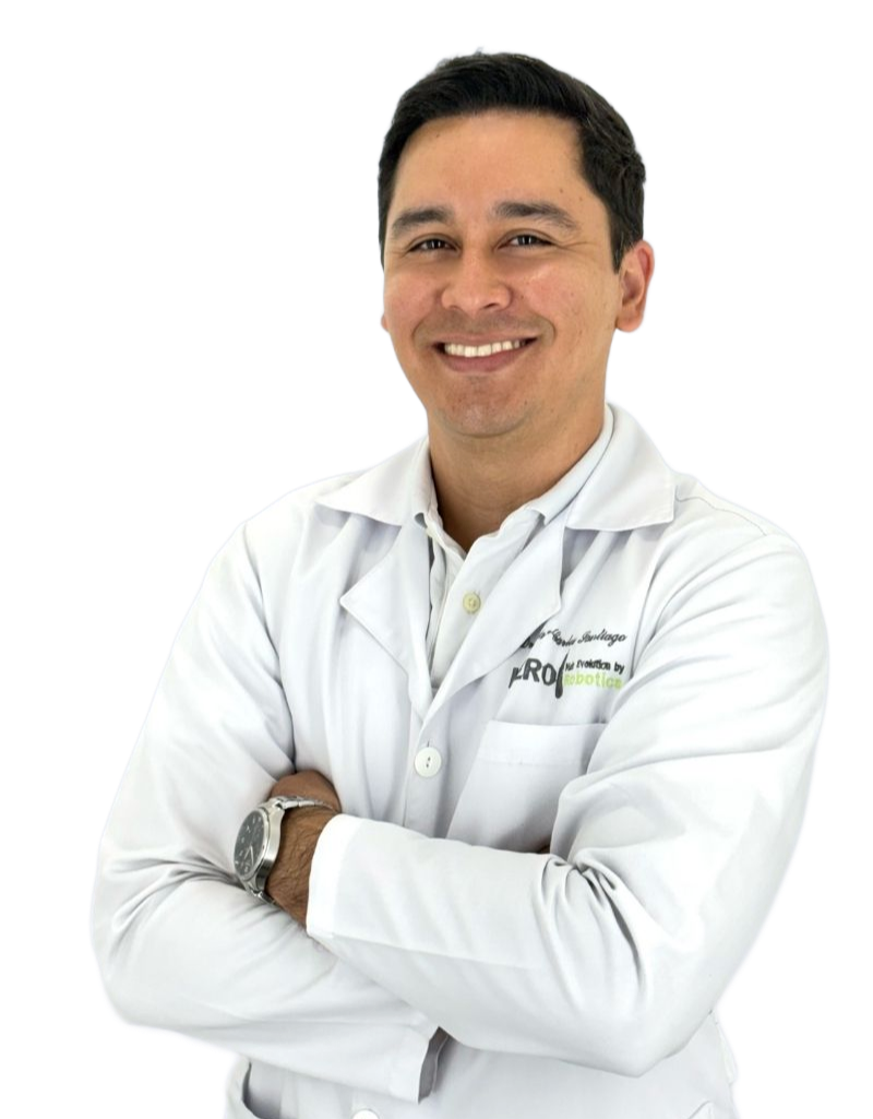 Healthcare professional in white lab coat standing with arms crossed against a white background