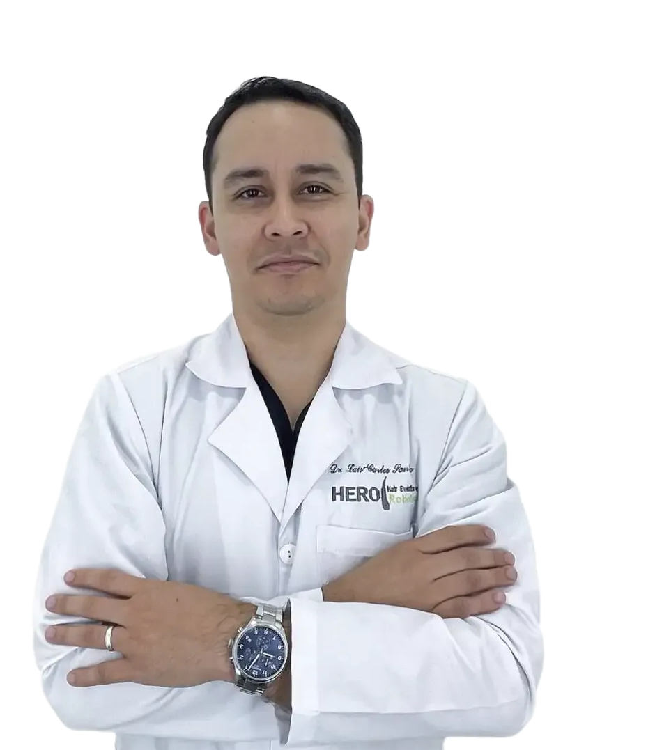 Healthcare professional in white lab coat standing with arms crossed against a white background