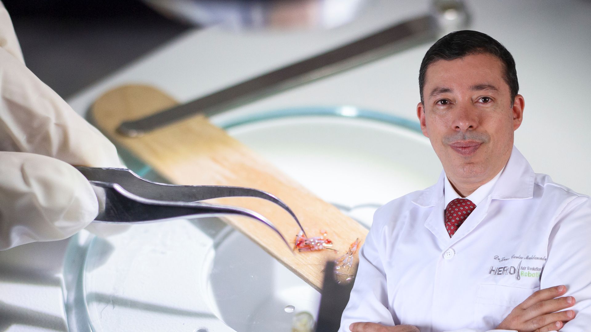 Doctor Maldonado in lab coat with medical tools; sample on wood; close-up.
