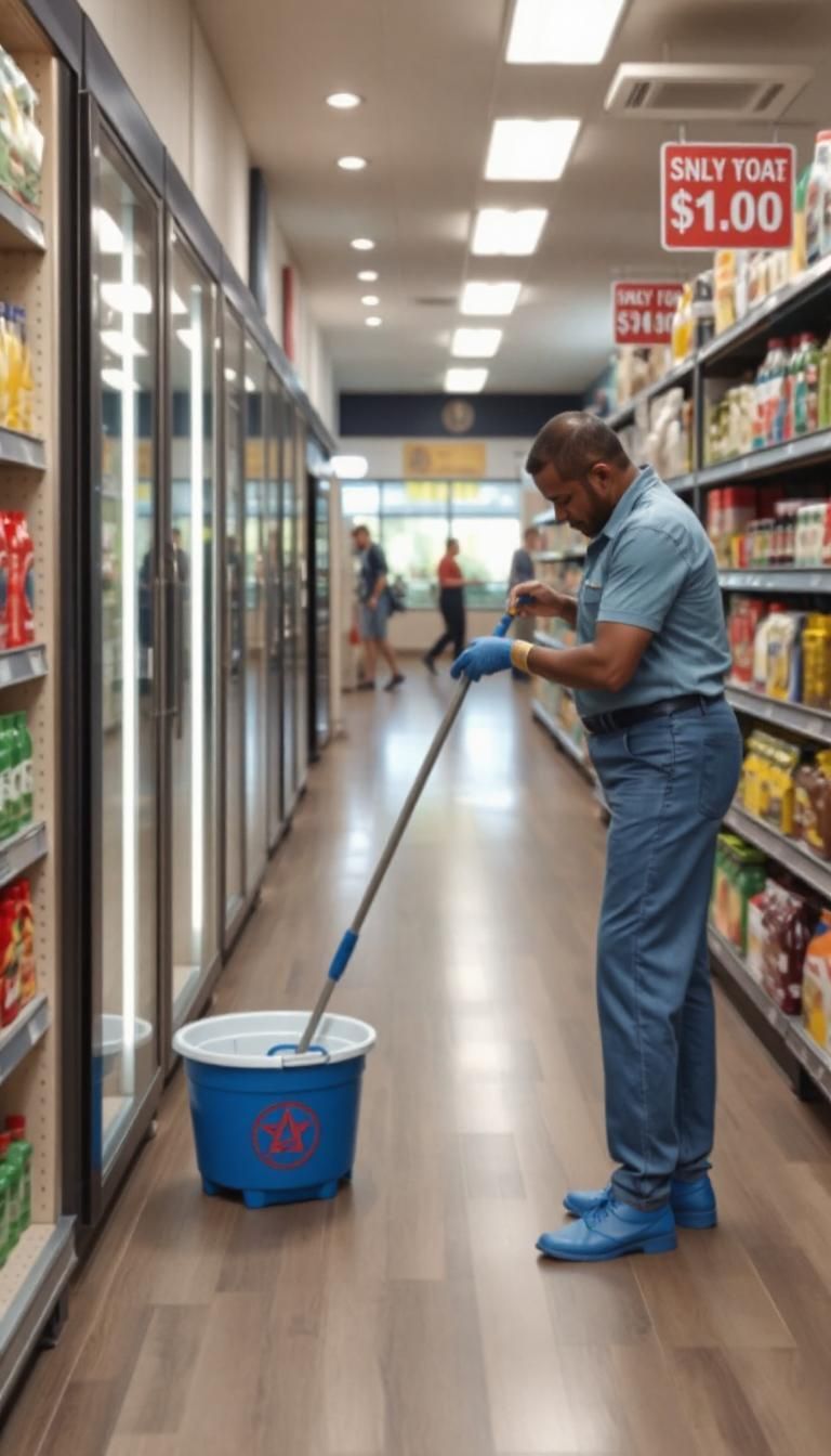 A team of professional cleaners cleaning the floor in super market