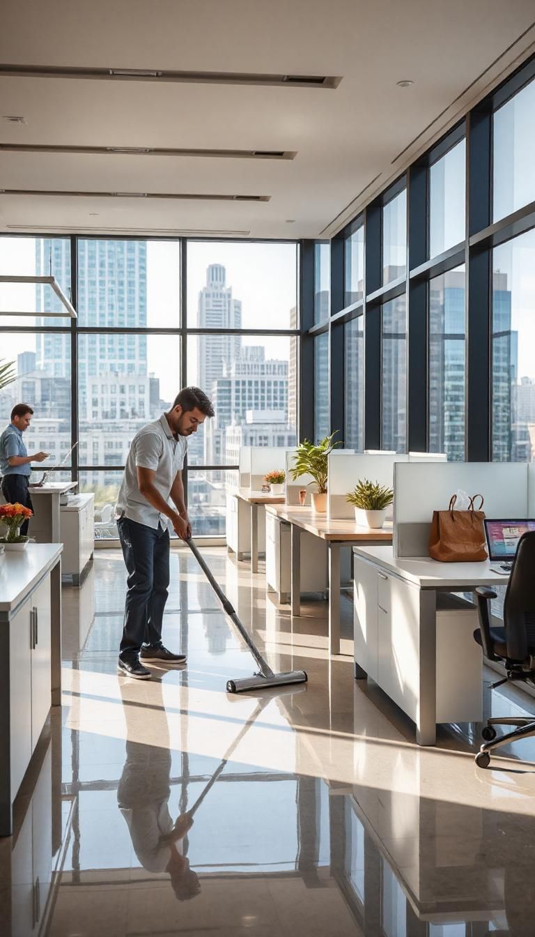 a team of professional cleaners in action, using high-tech cleaning equipment to maintain the sparkling cleanliness.