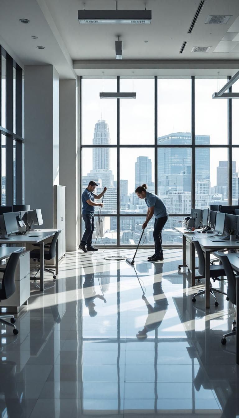 A team of professional cleaners cleans office floor