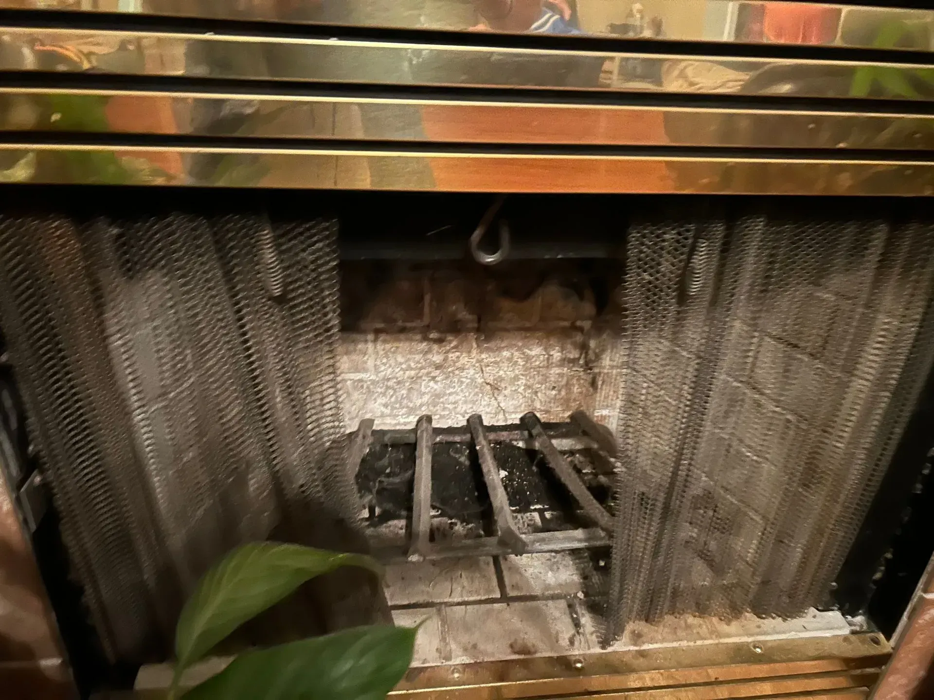 Fireplace with metal mesh screen and brass frame.  Inside, a metal grate and brick.