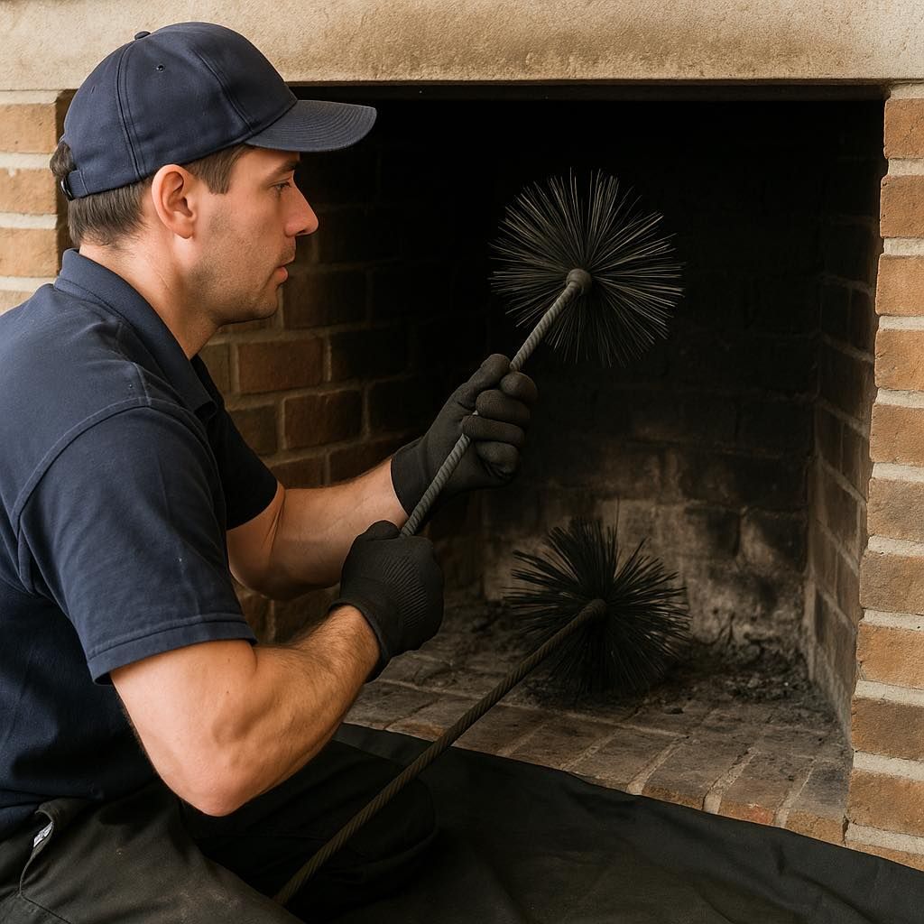 Man wearing gloves and cap cleans a fireplace with two chimney brushes.
