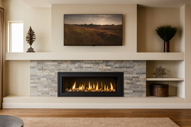Living room with a lit fireplace, TV above, and Easter decorations.
