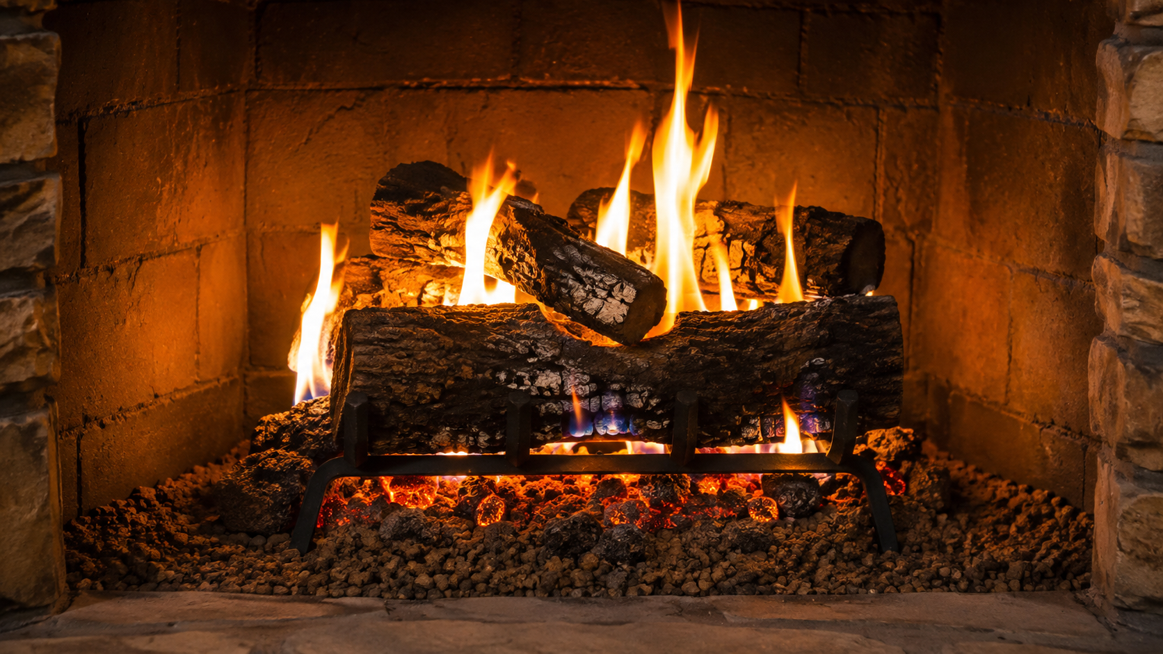 Fireplace with lit fire, TV above, and garland. Light-colored walls and wood floors.