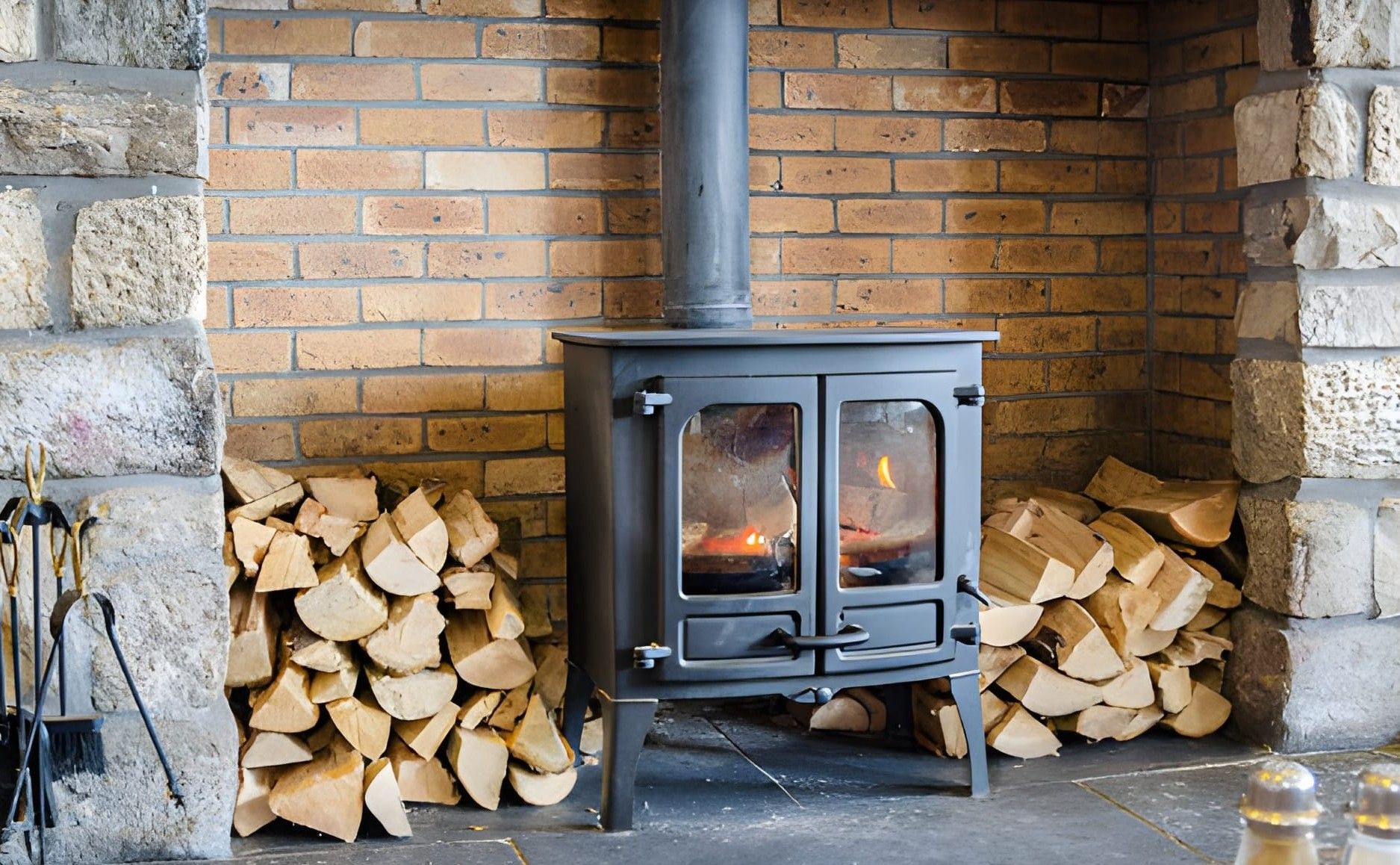 Two black stoves and a fireplace on a stage with a clock, beige wall, and wooden floor.