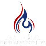 Logo for Alpha Fireplaces, features a stylized flame in red and blue with the company name below in white.