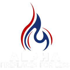 Logo for Alpha Fireplaces, features a stylized flame in red and blue with the company name below in white.