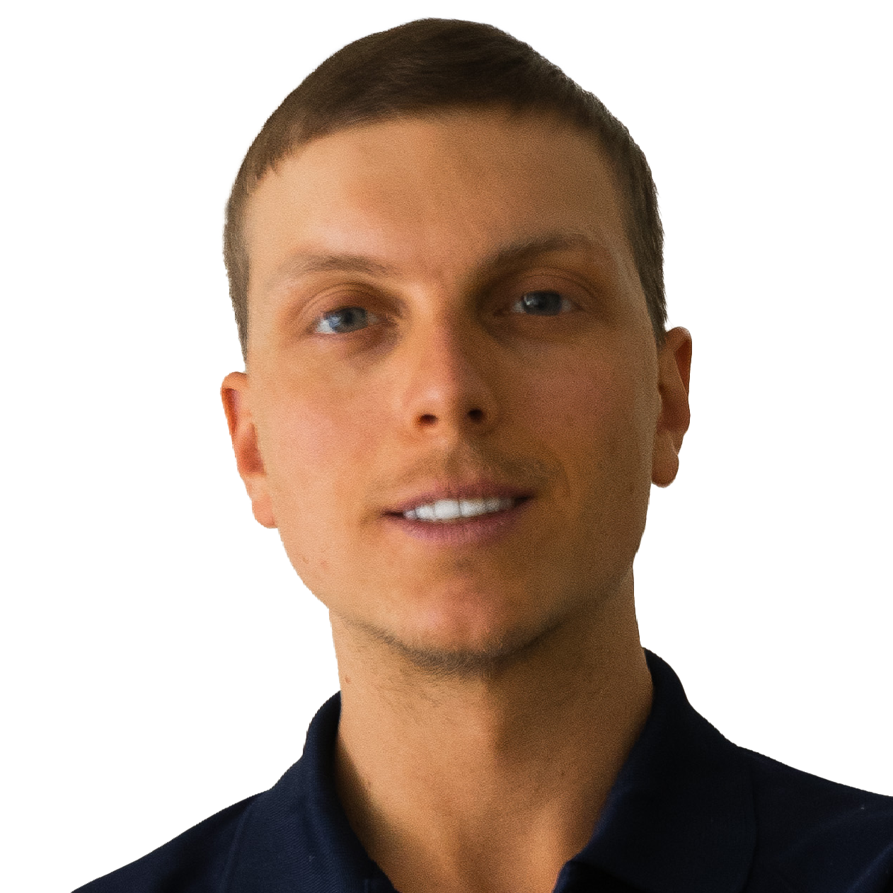 a man in a blue shirt is smiling for the camera
