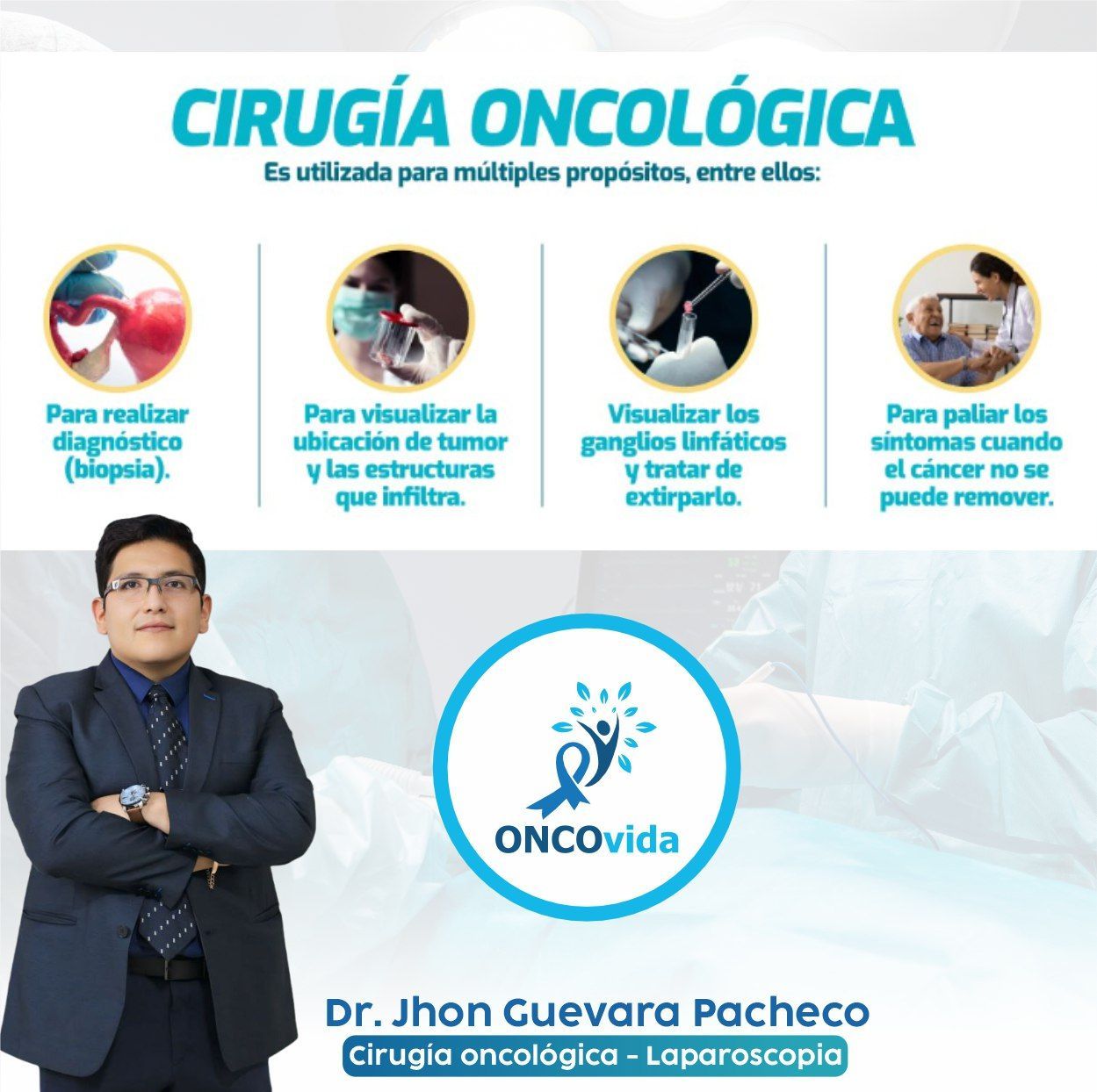 Un hombre con traje se encuentra frente a un anuncio de cirugía oncológica.