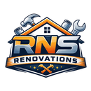 RNS Renovations logo with house roof, hammer, wrench, and orange-gray bold lettering
