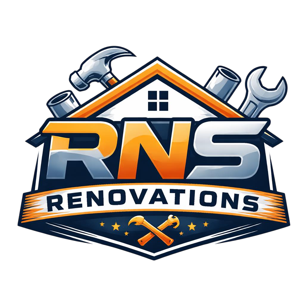 RNS Renovations logo with house roof, hammer, wrench, and orange-gray bold lettering