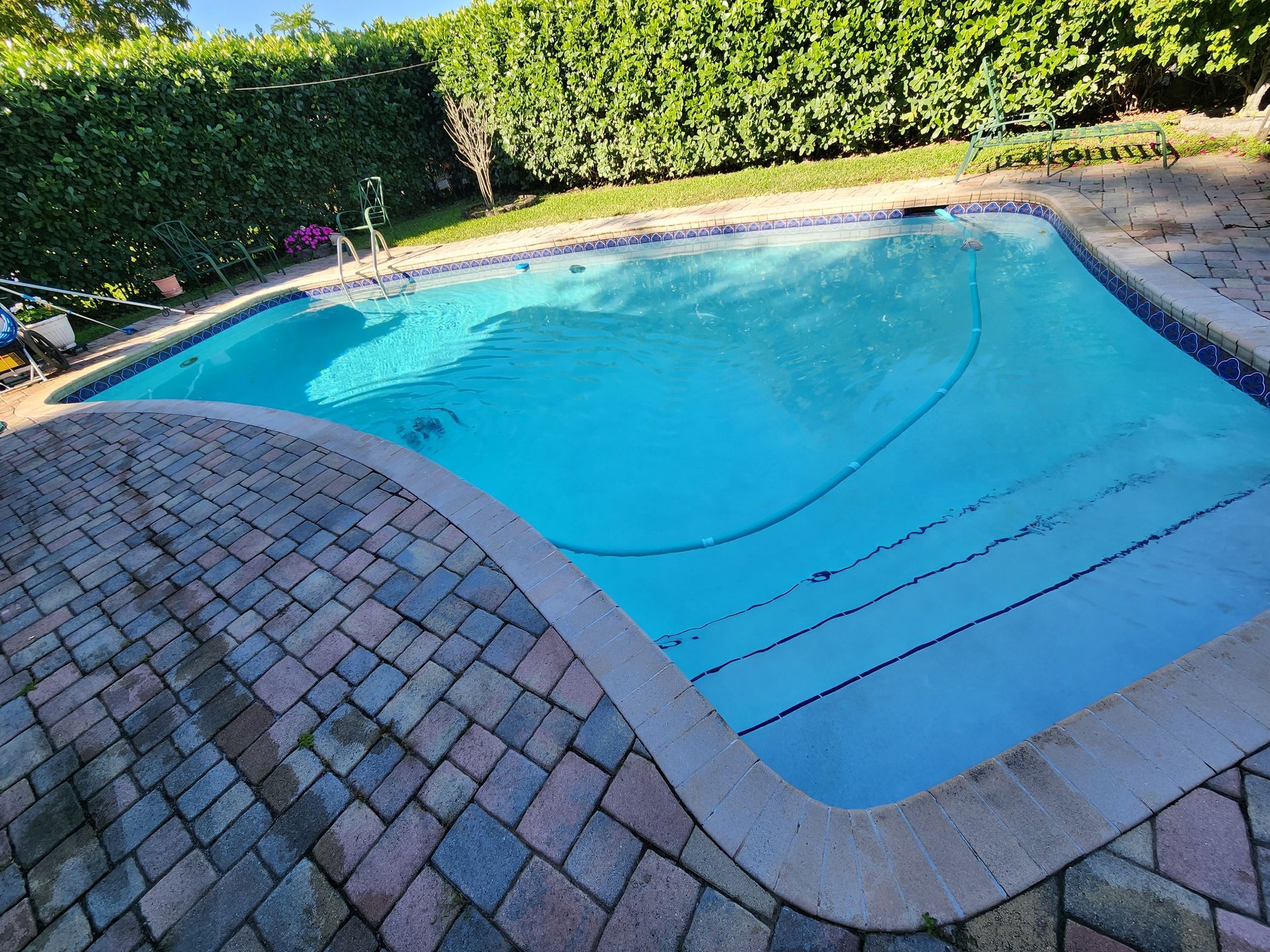 Brick patio steps leading to a blue swimming pool surrounded by green hedge.