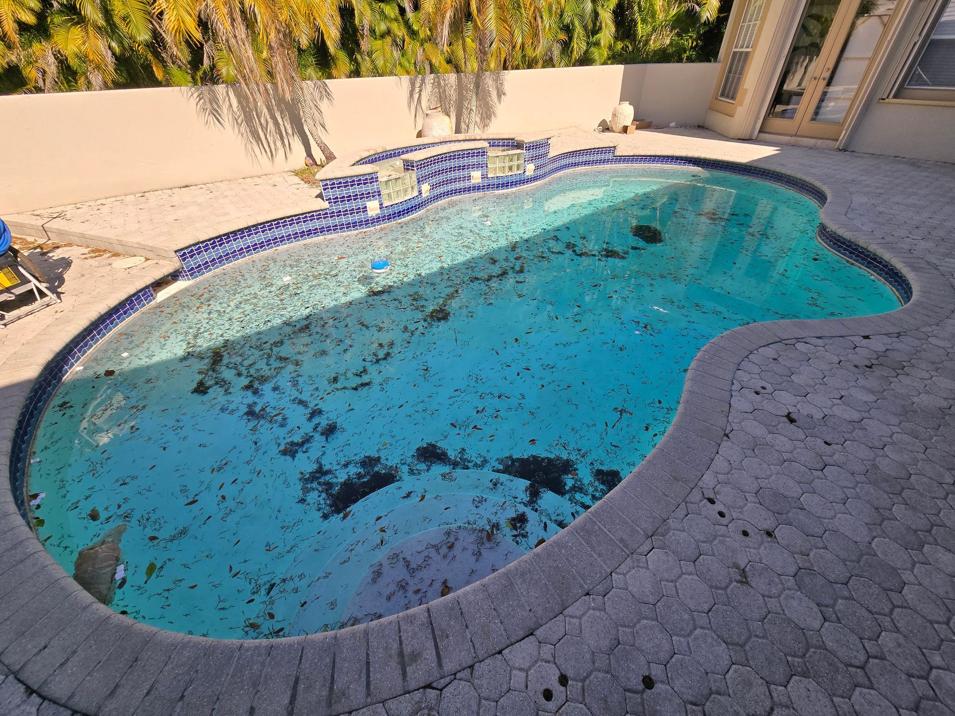 A neglected pool filled with debris, surrounded by a stone patio and a white wall.