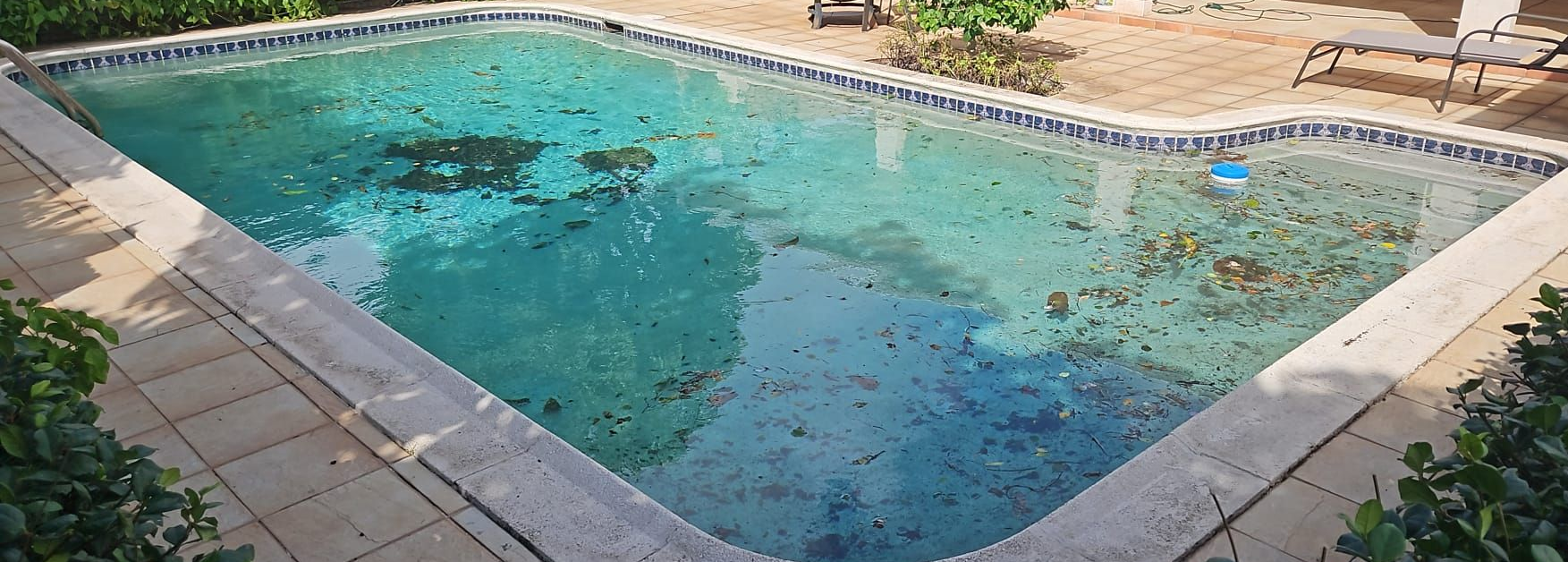 A turquoise pool filled with debris. A stone walkway surrounds the pool.