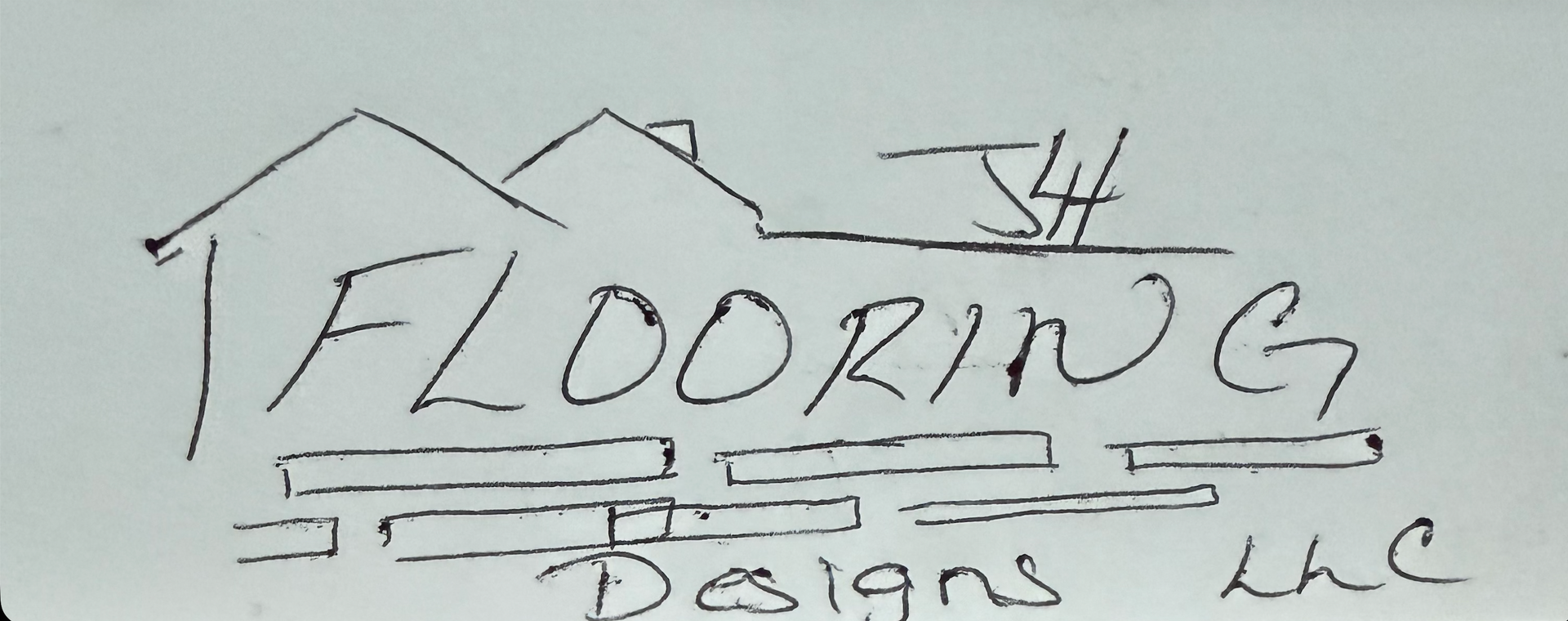 Hand-drawn logo reading “Flooring Designs Inc” under a roof-like outline, in black and white.