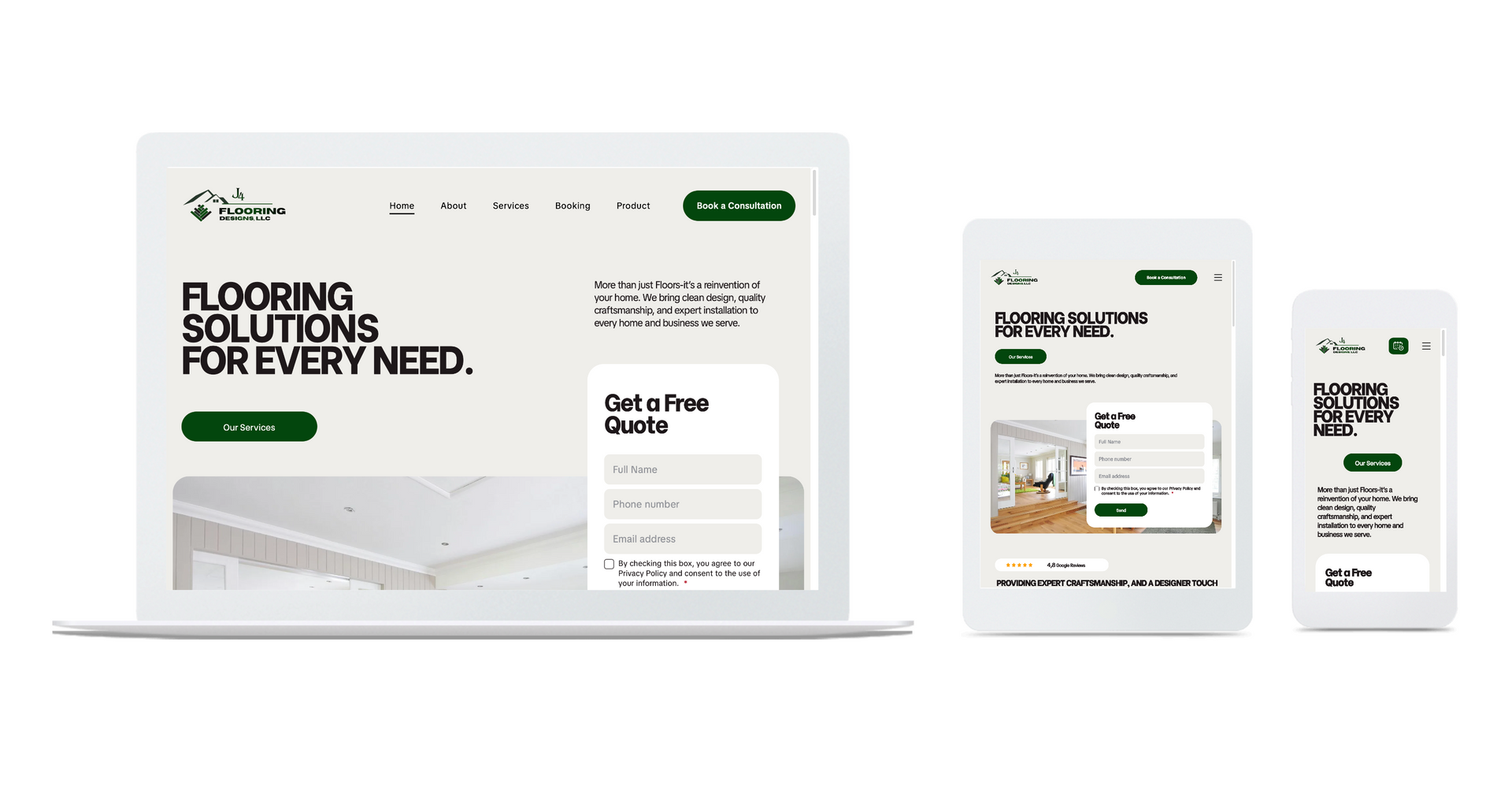 Website mockup for a flooring business shown on laptop, tablet, and phone with a clean white-and-green design