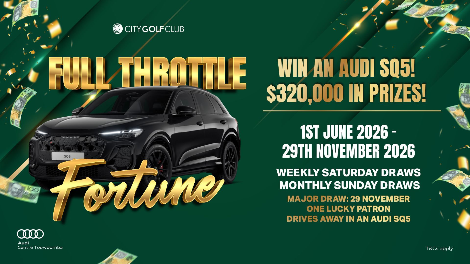 Green “Full Throttle Fortune” promo with black Audi SUV, prize details, and November 2026 entry dates