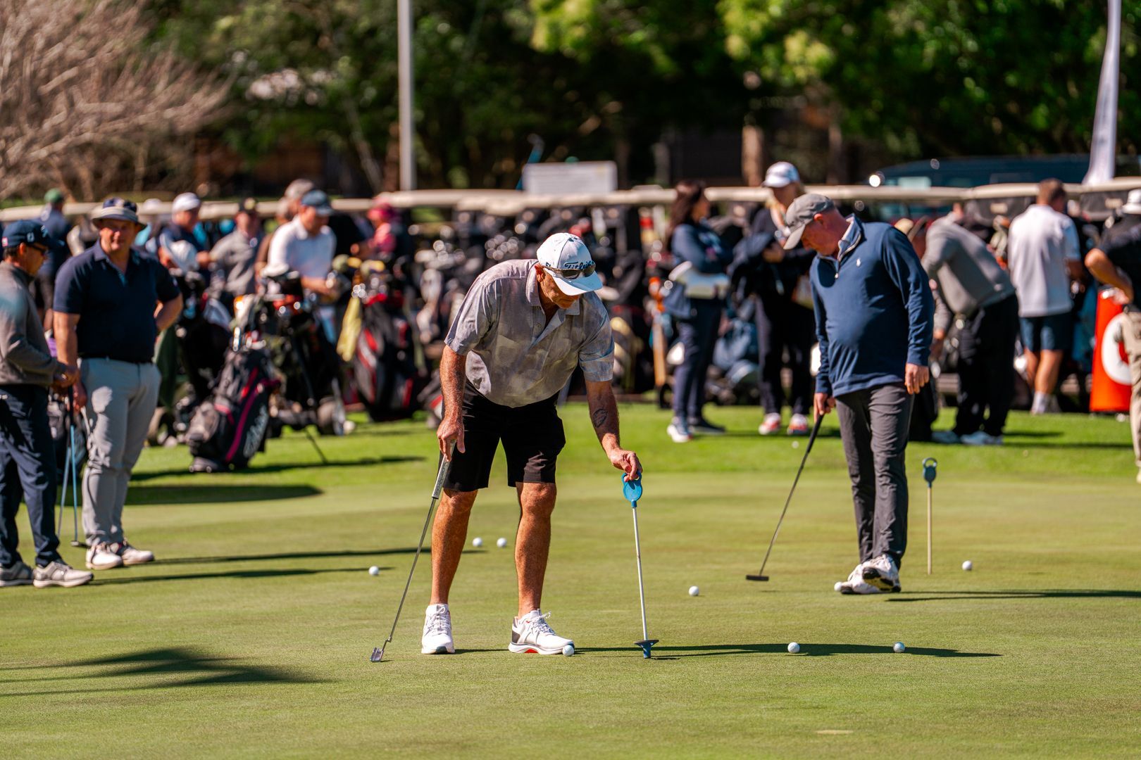 Golfers practicing putting on a green during a crowded outdoor event
