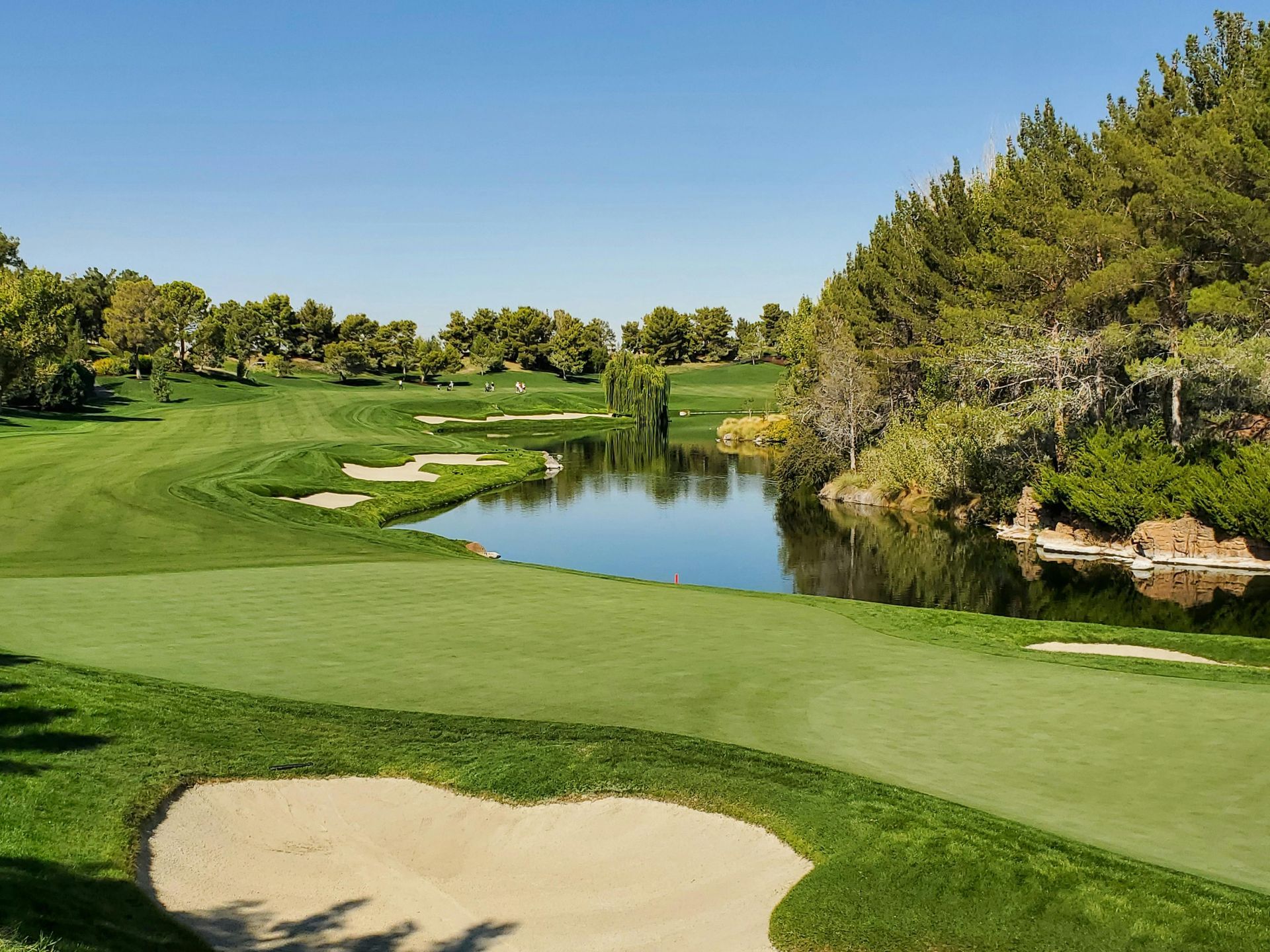 Golf course green beside a pond, with sand bunkers and trees under a clear blue sky