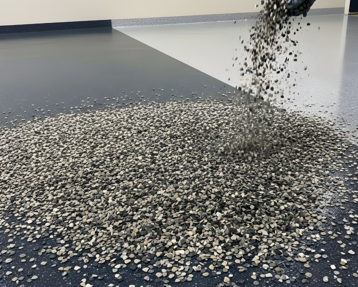 Small white pellets spilling onto a dark floor in an indoor industrial or storage area.