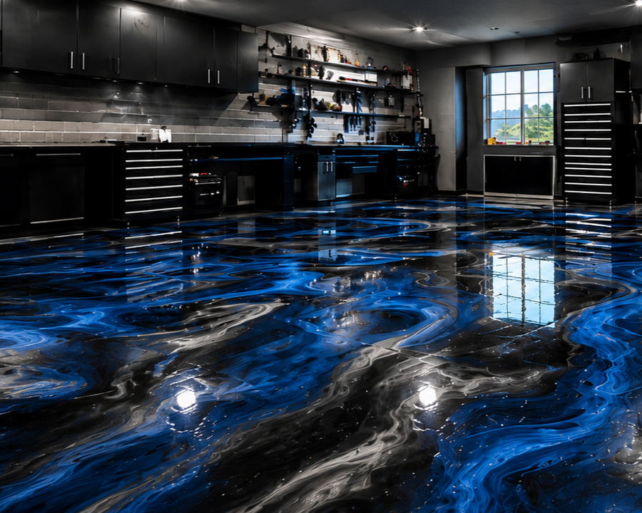 Polished floor with visible brush or tire-like patterns reflecting overhead light in a large indoor space