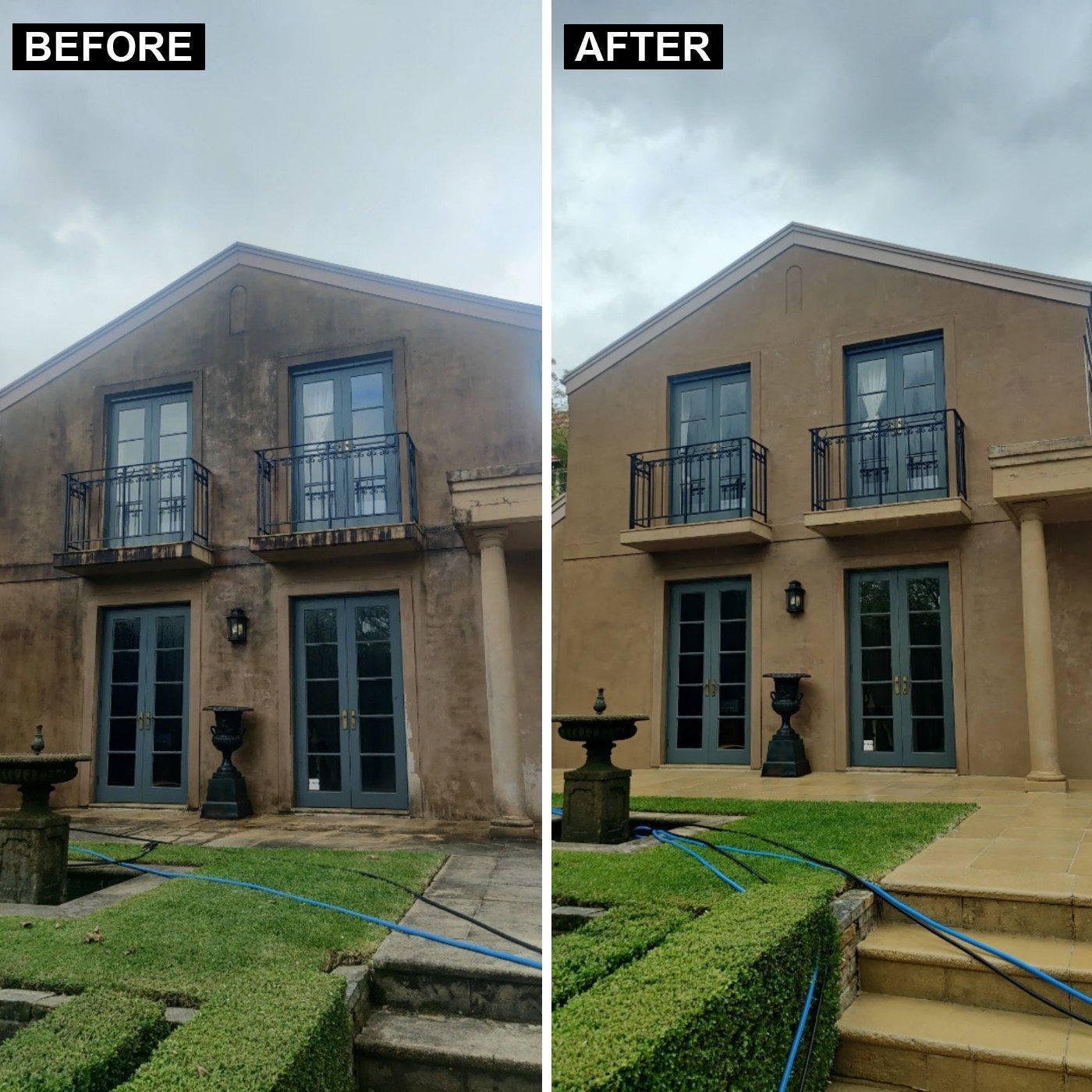Before and after soft wash of a Sydney home's rendered walls by Home Shine