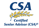 CSA Certified Senior Advisor logo with blue text and gold laurel leaves