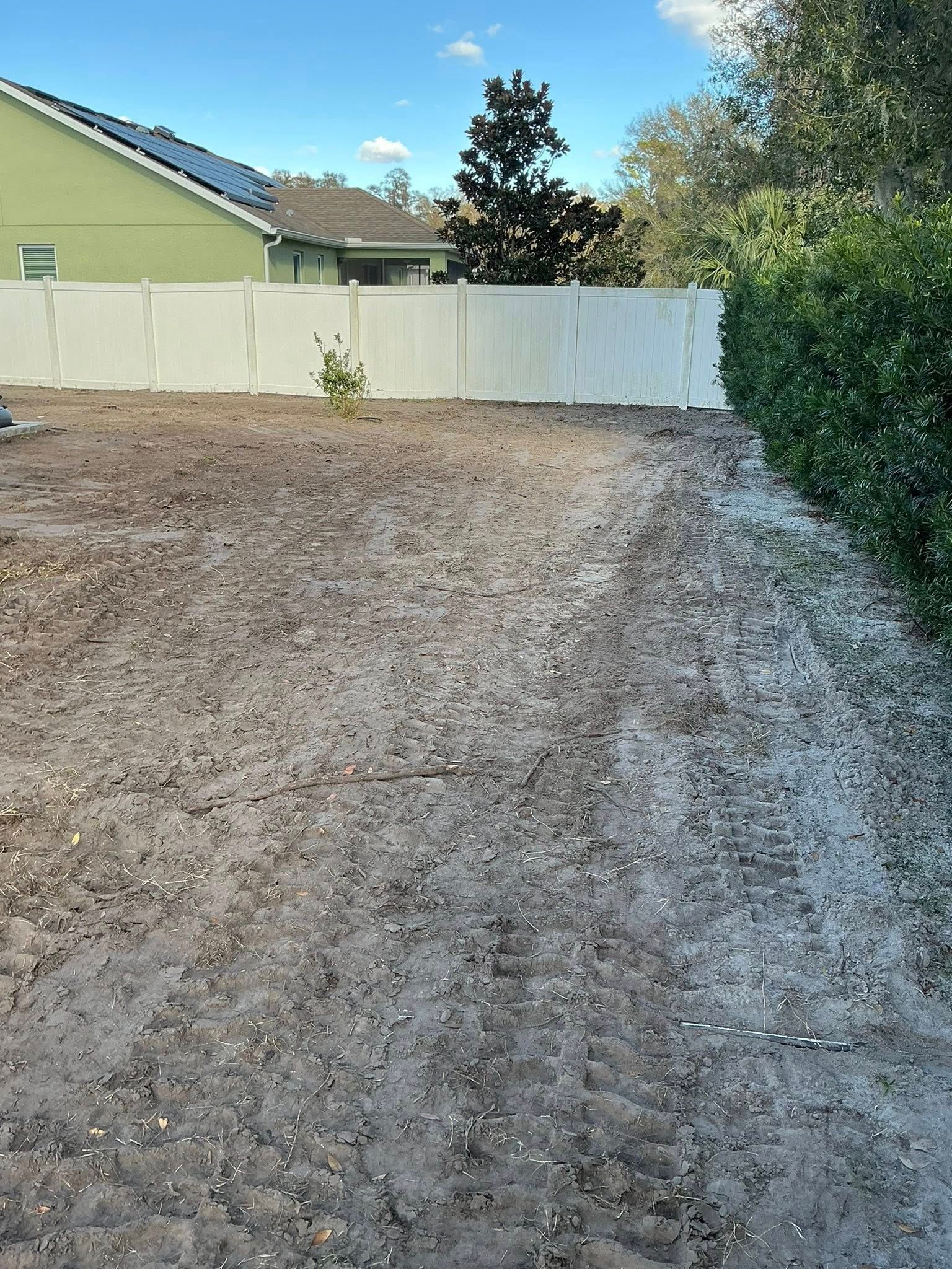 A patchy dirt yard with tire tracks leading toward a white fence, a green house, and a dense hedge.