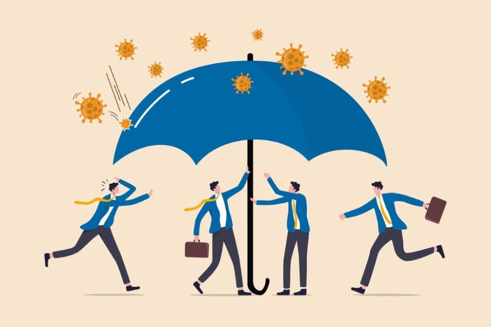 a group of men are running under an umbrella with viruses coming out of it