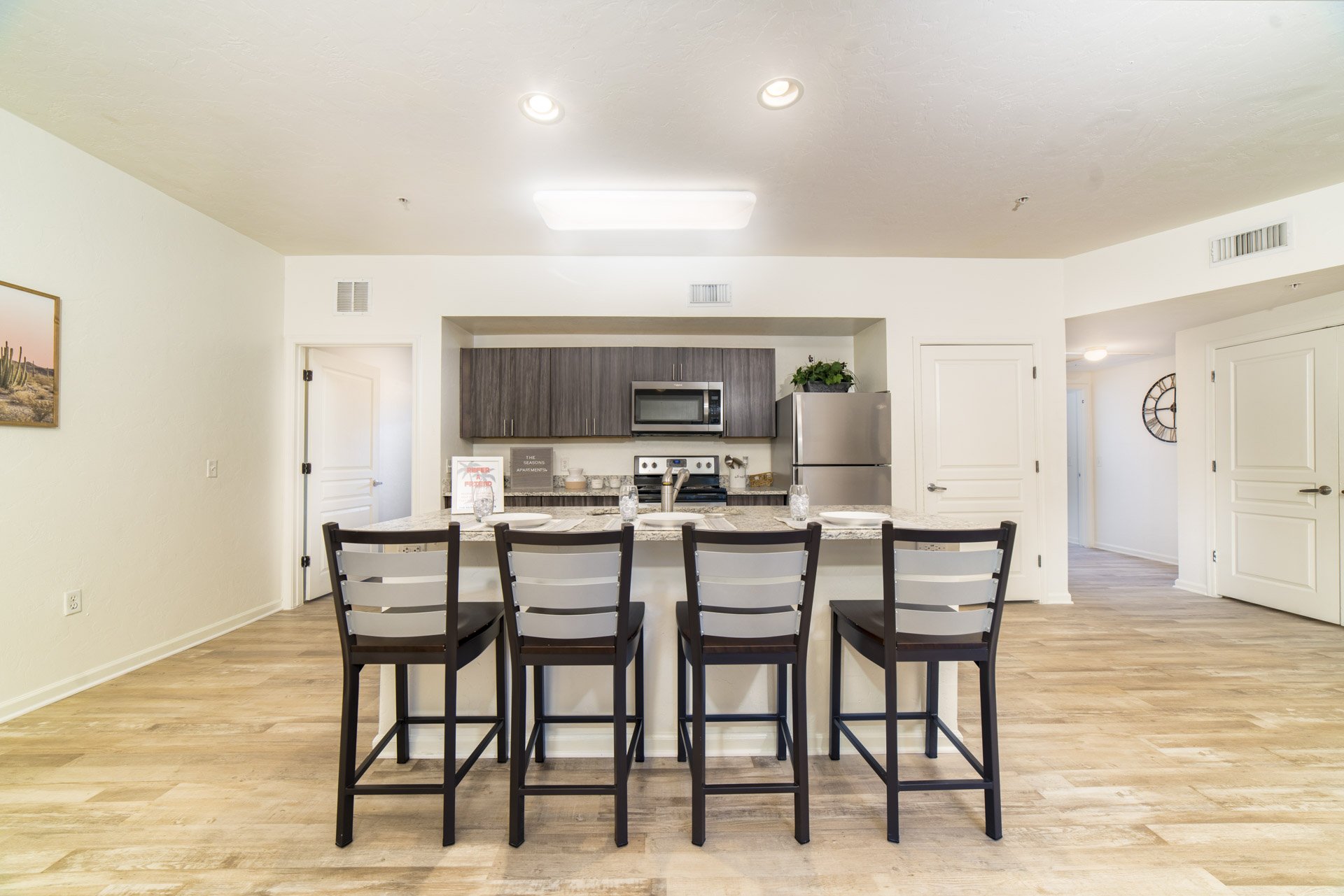 Kitchen. Furnishings and finishes may vary by apartment.