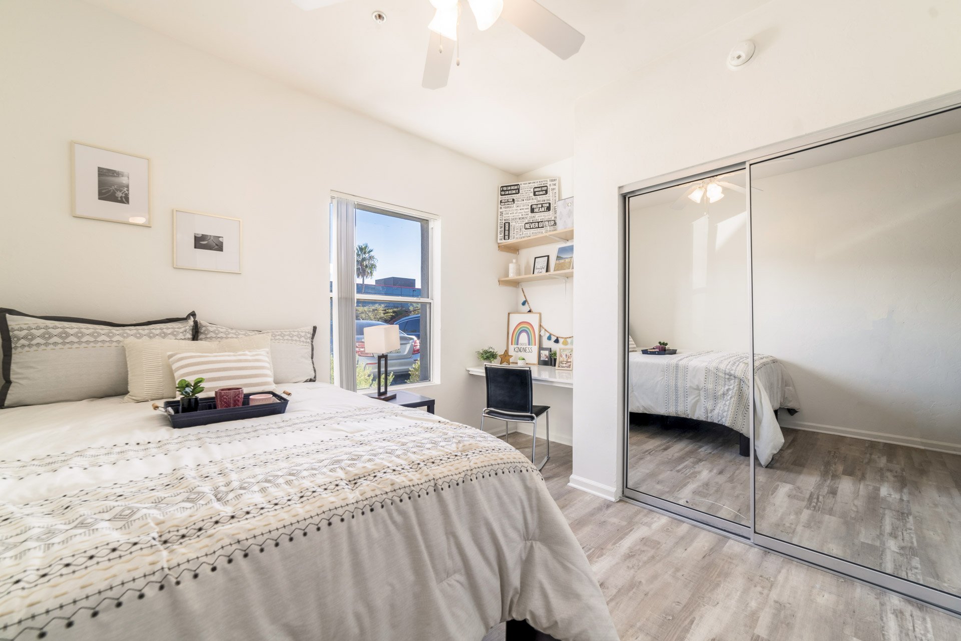 Bedroom. Furnishings and finishes may vary by apartment.