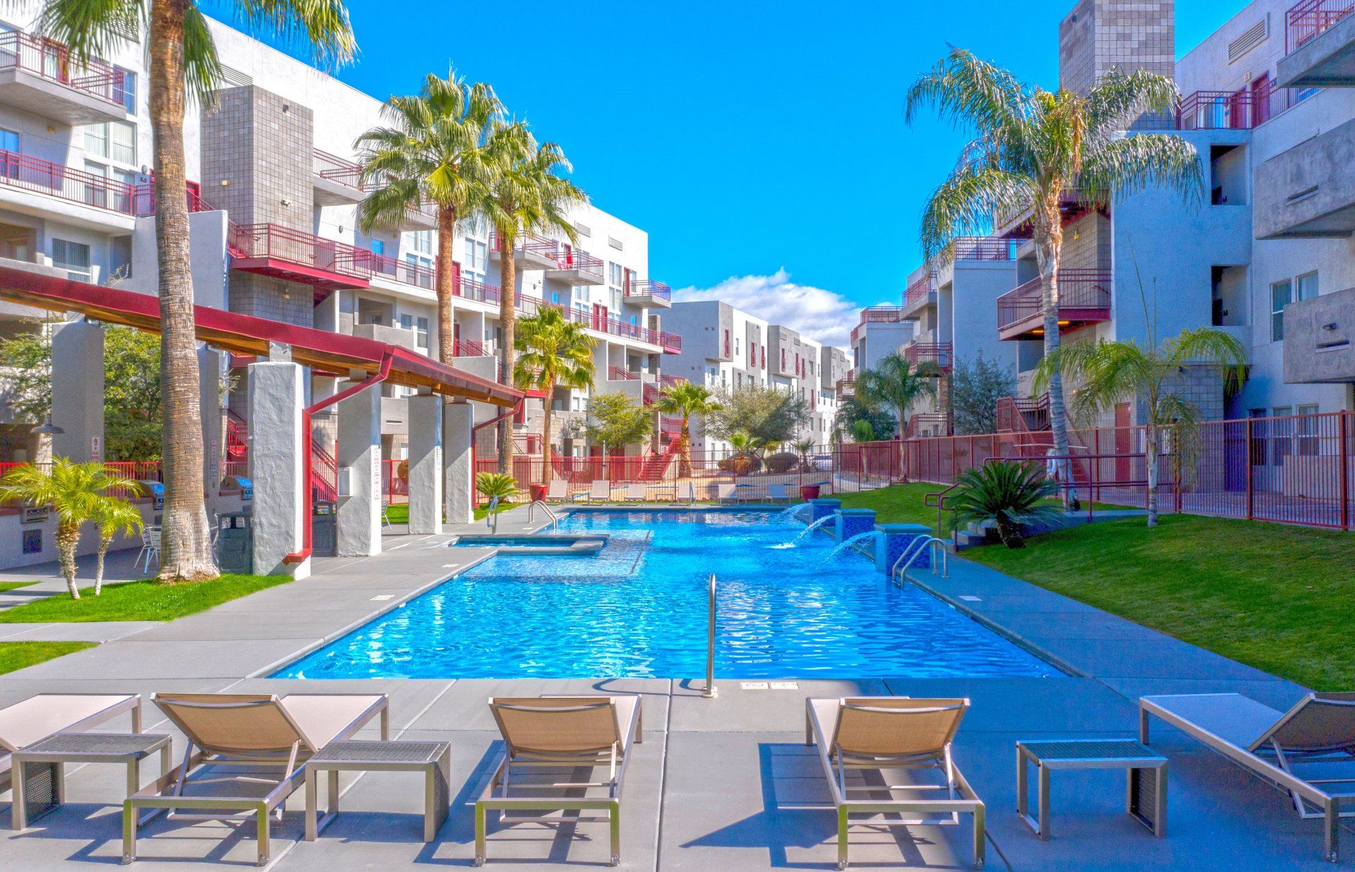 Take a break from classes or studying at the resort style pool! A sparkling pool with lounge chairs, a hot tub, and shaded BBQ area.